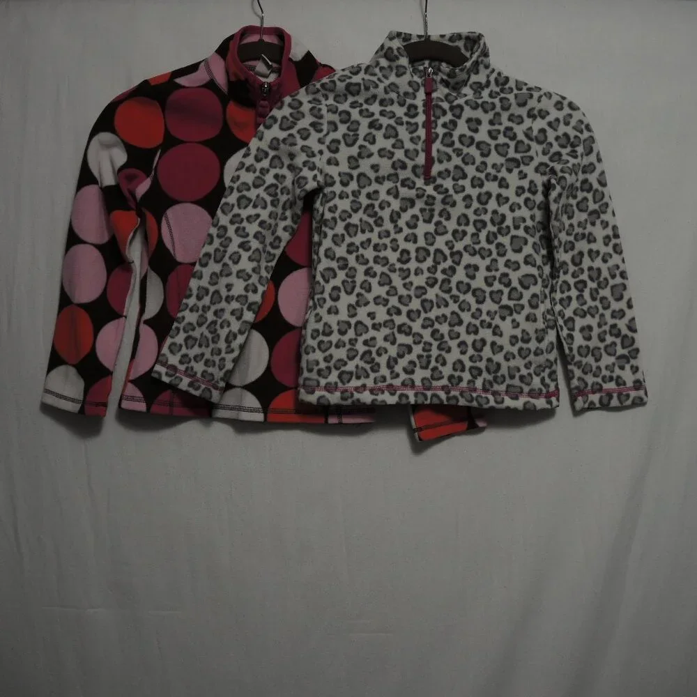 Girl Bundle 2 Fleece 1/4 Zip Jackets Gray Leopard Large Colorful Dots Sz M